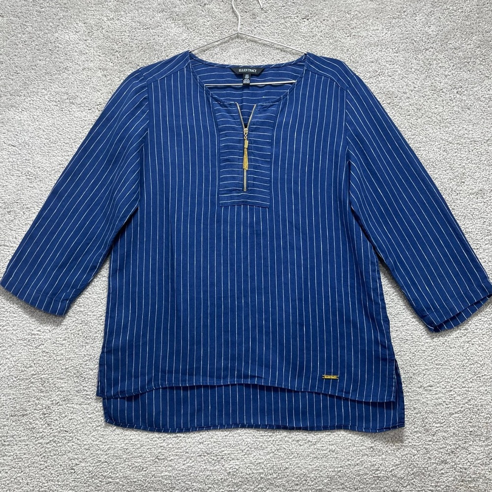 Ellen Tracy Top Women's Medium Linen Blue Striped  3/4 Sleeve Quarter‎ Zip